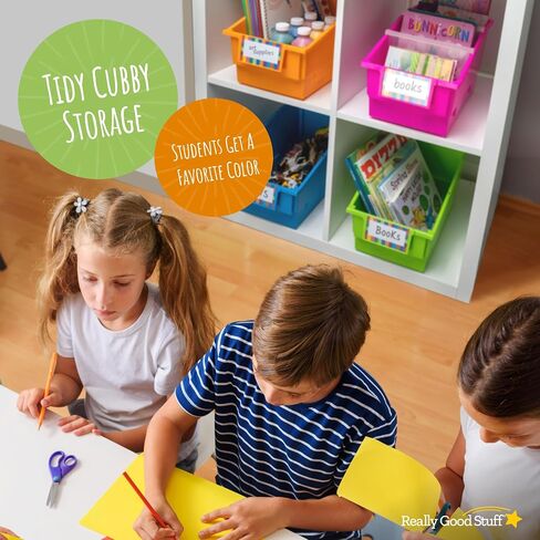 Really Good Stuff Large Plastic Book Organizer Bins, Dividers, Built-in Label Holder, 13.5" by 13.5" by 7.75" (Set of 4, Primary Colors) - For Picture Books, Large Reference Books in Classroom or Home in Saudi Arabia