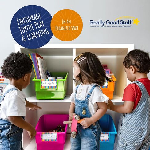 Really Good Stuff Large Plastic Book Organizer Bins, Dividers, Built-in Label Holder, 13.5" by 13.5" by 7.75" (Set of 4, Primary Colors) - For Picture Books, Large Reference Books in Classroom or Home in Saudi Arabia