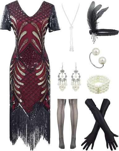 Women 1920s Plus V-Neck Sequin Art Deco Flapper Dress with 20s Gatsby Accessories Set in Kuwait