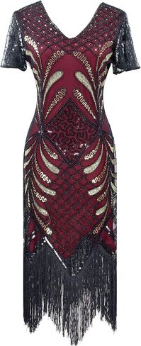 Women 1920s Plus V-Neck Sequin Art Deco Flapper Dress with 20s Gatsby Accessories Set in Kuwait