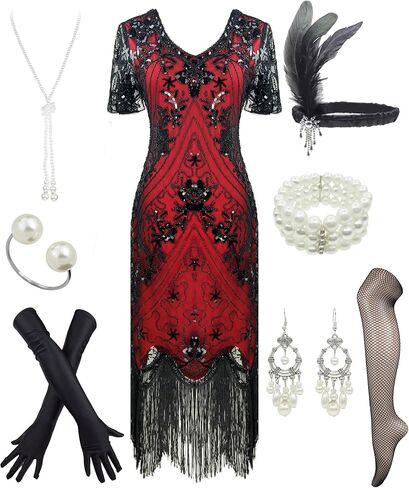 Women 1920s Plus V-Neck Sequin Art Deco Flapper Dress with 20s Gatsby Accessories Set in Kuwait