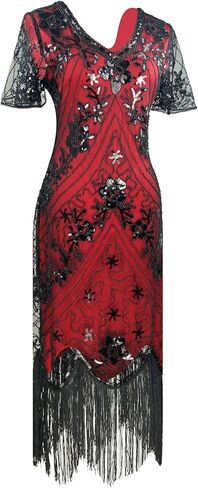 Women 1920s Plus V-Neck Sequin Art Deco Flapper Dress with 20s Gatsby Accessories Set in Kuwait