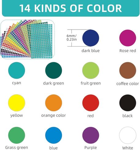 6160 قطعة من النقاط الملونة، ملصقات منقطة مستديرة 6 مم، ملصقات نقاط ملونة، ملصقات ترميز الألوان، ملصقات منقطة صغيرة مستديرة، ملصقات ترميز الألوان لمستلزمات المكتب المنزلية، 22 لونًا (6 مم) in Kuwait