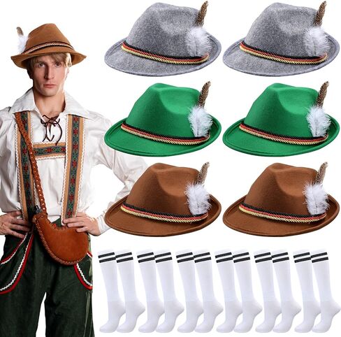 Tarpop 6 مجموعات قبعة الألمانية مهرجان أكتوبر قبعة ملابس لمهرجان أكتوبر قبعة البافارية للرجال النهضة الألمانية قبعة البافارية مع ريشة مهرجان أكتوبر الجوارب الجوارب البافارية للبالغين مهرجان البيرة in Kuwait