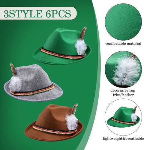 Tarpop 6 مجموعات قبعة الألمانية مهرجان أكتوبر قبعة ملابس لمهرجان أكتوبر قبعة البافارية للرجال النهضة الألمانية قبعة البافارية مع ريشة مهرجان أكتوبر الجوارب الجوارب البافارية للبالغين مهرجان البيرة in Kuwait