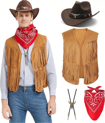 Western Cowboy Costume Men Tasseled Vest Hat Bandana Necklace Cowboy Outfit Accessories for Halloween Cosplay (Brown, XXL) in Kuwait