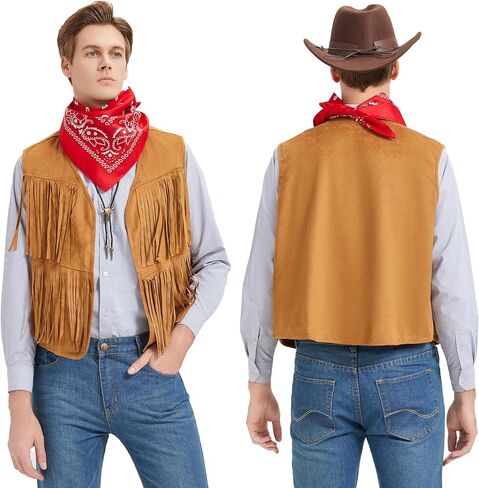 Western Cowboy Costume Men Tasseled Vest Hat Bandana Necklace Cowboy Outfit Accessories for Halloween Cosplay (Brown, XXL) in Kuwait
