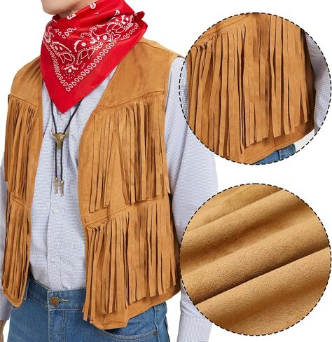 Western Cowboy Costume Men Tasseled Vest Hat Bandana Necklace Cowboy Outfit Accessories for Halloween Cosplay (Brown, XXL) in Kuwait