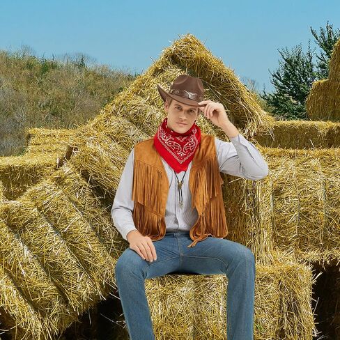 Western Cowboy Costume Men Tasseled Vest Hat Bandana Necklace Cowboy Outfit Accessories for Halloween Cosplay (Brown, XXL) in Kuwait