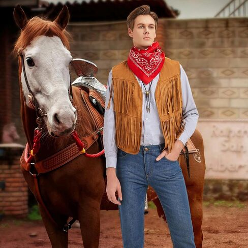 Western Cowboy Costume Men Tasseled Vest Hat Bandana Necklace Cowboy Outfit Accessories for Halloween Cosplay (Brown, XXL) in Kuwait