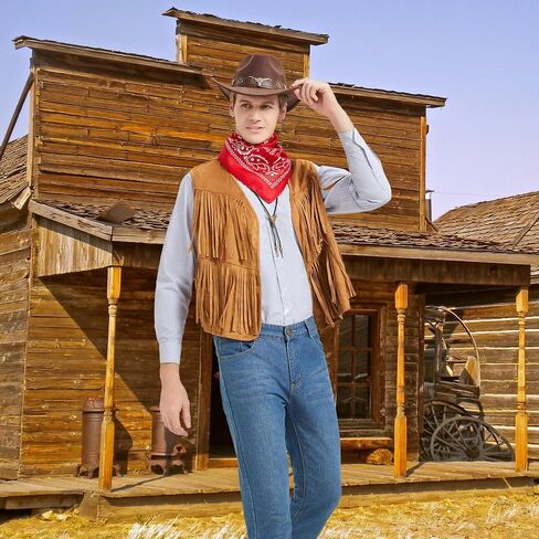 Western Cowboy Costume Men Tasseled Vest Hat Bandana Necklace Cowboy Outfit Accessories for Halloween Cosplay (Brown, XXL) in Kuwait