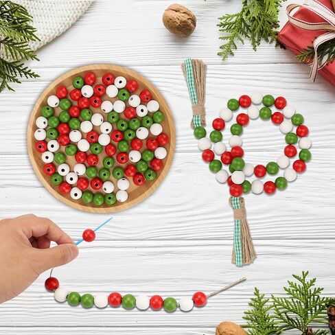 Lucleag 210Pcs Christmas Wooden Bead, Red White Green Wooden Beads DIY Crafts Kits, Christmas Tree Wood Beads Ornaments Xmas Wood Bead with Hemp Rope for Christmas Decor Gifts Party Supplies in Saudi Arabia