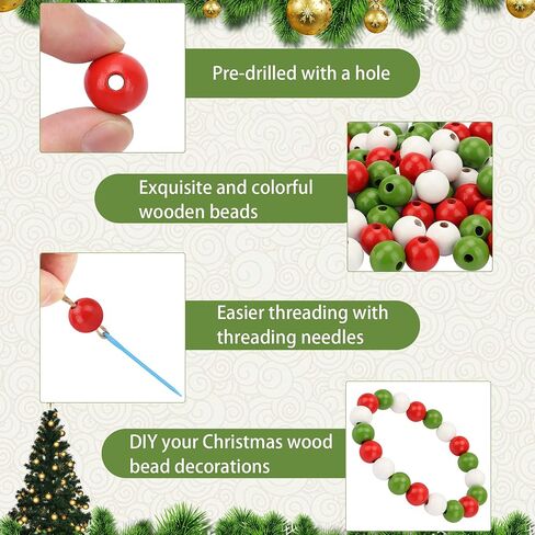Lucleag 210Pcs Christmas Wooden Bead, Red White Green Wooden Beads DIY Crafts Kits, Christmas Tree Wood Beads Ornaments Xmas Wood Bead with Hemp Rope for Christmas Decor Gifts Party Supplies in Saudi Arabia