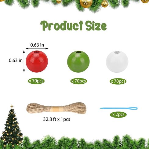 Lucleag 210Pcs Christmas Wooden Bead, Red White Green Wooden Beads DIY Crafts Kits, Christmas Tree Wood Beads Ornaments Xmas Wood Bead with Hemp Rope for Christmas Decor Gifts Party Supplies in Saudi Arabia