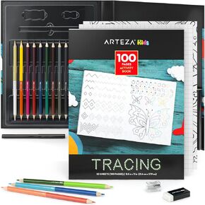 Arteza Kids Tracing Activity Book, School Supplies for Ages 6 and Up, 50 Double-Sided Sheets, 12 Double-Ended Colored Pencils, Black Marker, Eraser, Pencil Sharpener