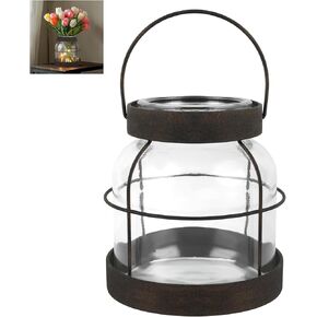 Farmhouse Glass Vase, Vintage Vase for Flowers with Distressed Metal Frame and Handle for Rustic Dining Tables Entryways Living Rooms Floral Arrangement Decor