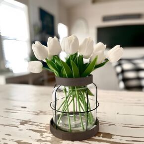 Farmhouse Glass Vase, Vintage Vase for Flowers with Distressed Metal Frame and Handle for Rustic Dining Tables Entryways Living Rooms Floral Arrangement Decor