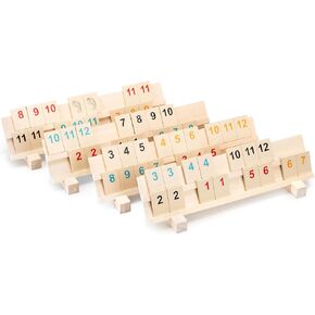 Rummy Cube Game 2-4 Players with 4 Wooden Racks/Trays and Wood 106 Rummy Cards, Large and Bright Number Edition Rummy Tiles, Toys for Families Friends Adults