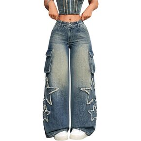 SHENHE Women's Low Waisted Wide Leg Cargo Jeans Star Denim Pants Loose Y2k Baggy Jeans Streetwear