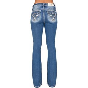 Miss Me Women's Mid Rise Southwestern Turquoise X Cross Faux Flap Pockets Bootcut Flare Stretch Denim Jeans, Slim Fit