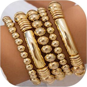 5Pcs Gold Bead Bracelets Set for Women,14K Gold Plated Stackable Bead Ball Bracelets Set,Adjustable Chunky Bangles Bracelets,Boho Stretch Bead Ball Bracelet for Women in Kuwait