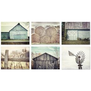 Farmhouse Wall Art Print Set - 8x10" Unframed Aqua Blue and Beige Barn Landscapes, Hay and Windmill - 6 Piece Set