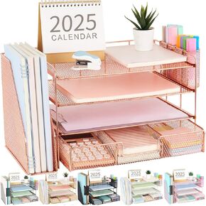 gianotter Paper Letter Tray Organizer with File Holder, 4-Tier Desk Accessories & Workspace Organizers with Drawer and 2 Pen Holder, Desk Organizers and Accessories for Office Supplies (Rose Gold)