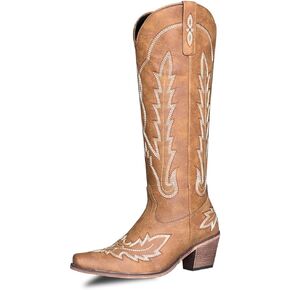 Cowboy Boots for Women - Classic Embroidered Western Cowgirl Knee Boots, Sharp Tip Thick Heel Side Zipper Retro Rural Fashion Tall Boots
