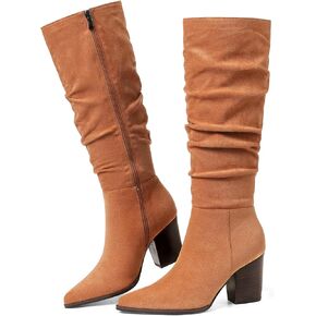 Suede Knee High Boots For Women Pointed Toe Slouch Boots High Heel Wide Calf Fall Boots Fold Over Chunky Heel Boots For Women