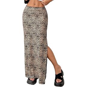 Milumia Women's Sexy Leopard Print Low Waisted Maxi Skirt Side Slit Long Skirts