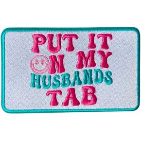 Put It On My Husbands Tab Hat Patch Funny Trucker Husbands Tab Hat Cap Fun Cute Pink Snarky Quirky Girly Trendy Embroidery Iron On Patches for Bag Jacket Vest Clothing Embroidery Women Timeless