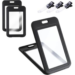 3 Pack ID Badge Holder with Plastic Clip, Double-Sided Clear Vertical Badge Holder Hard Black Name Badge Holders Card Protector Pouch Plastic Case for Office School ID Credit Cards