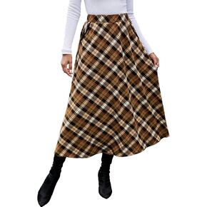 HUSKARY Plaid Skirts for Women 2024 Fall Winter Classic A Line High Elastic Waist Trendy Long Midi Skirt with Pockets