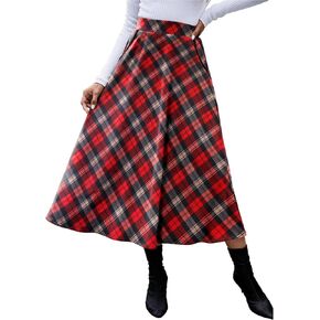 HUSKARY Plaid Skirts for Women 2024 Fall Winter Classic A Line High Elastic Waist Trendy Long Midi Skirt with Pockets
