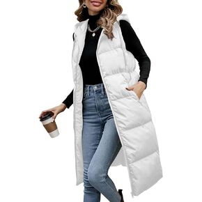 Lingswallow Long Puffer Vest Women Quilted Hooded Vests Outerwear Sleeveless Zip Up Coat Jackets With Pockets