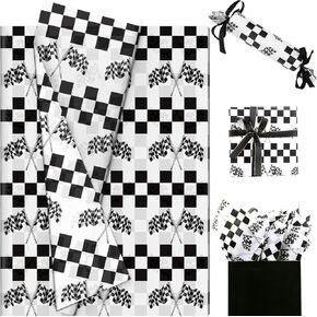 100 Sheets Racing Flag Checkered Tissue Paper Black and White Race Car Party Gift Wrapping Paper Black Plaids Art Tissue Paper for Racing Car Themed Birthday Party Decor, 14x20 inch