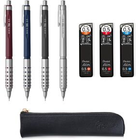 Orenz AT 0.5 Silver body + Ain 0.5 HB/B/2B leads, qullity original Black slim pen case, 1 Count (Pack of 4)