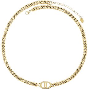 H&Q Jewelry 18K Gold Ladies' Letter Necklace-6mm 316L Stainless Steel Cuban Chain-Double D Necklace Choker for Woman