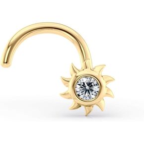 Lavari Jewelers 20 Gauge Curved Screw Sunburst Nose Stud for Women - 14k Yellow Gold Cubic Zirconia Sun Nose Ring - Unisex Hypoallergenic Nostril Piercing Jewelry - 20G Body Piercing for Men