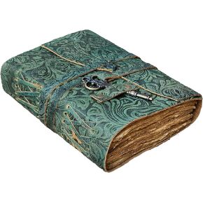 Vintage Key Leather Journal, Antique Leather grimoire -Handmade Deckle Edge Vintage Paper Leather Bound Journal Book of Shadows Leather Sketchbook Drawing Journal (Blue)