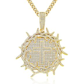 HELLOICE Iced Out Crown of Thorns with Cross Medallion Pendant Necklace Full CZ Pendant with 5mm 24inches Cuban Chain 14K Gold Plated Pendant Necklace for Women Men