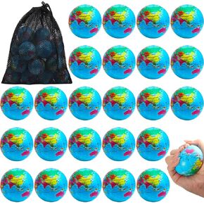 24 Pcs Globe Squeeze Balls,2.5in Mini World Stress Balls,Earth Stress Relief Balls,Foam Earth Squeeze Balls for Kids,Soft Globe Foam Stress Ball Toy for Finger Exercise School Party Favors