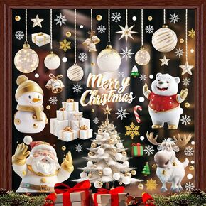 Christmas Window Clings Stickers Double-Sided Merry Christmas Snowflake Tree Window Decals Gold White Holiday PVC Stickers for Home Shop Window Glass Decoration
