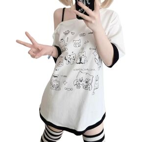 Y2k Harajuku Cartoon Print T Shirts Women Japanese Fashion Kawaii Off Shoulder T Shirt Aesthetic Cute Graphic Tees Tops