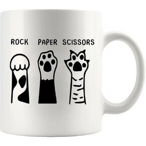 Rock Paper Scissors Cat Gifts for Cat Lover Girlfriend Boyfriend Sister Brother Friend Cat Owner Cat Mom Dad Cat Paw Ceramic Mug (White, 11 oz)