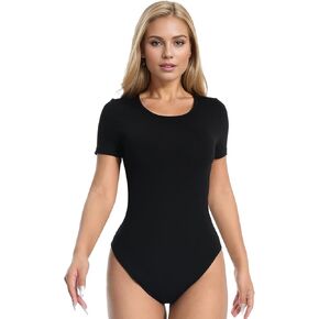 +MD Round Neck Bodysuits for Women Short Sleeve, Slimming Waist Tops, Basic T-shirt