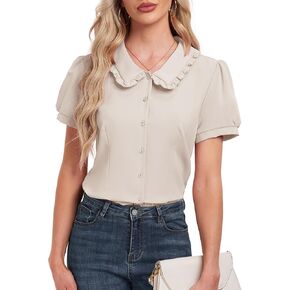 Womens Button Down Shirt Short Sleeve Peter Pan Collar Shirt Summer Work Office Blouses Top 2024