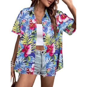 Hawaiian Shirts for Women Tropical Floral Printed Hawaii Shirts Button Down V Neck Short Sleeve Blouses Tops