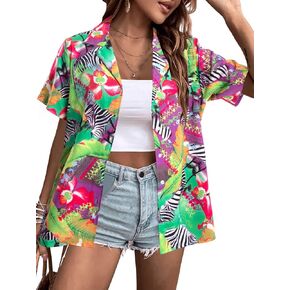 Hawaiian Shirts for Women Tropical Floral Printed Hawaii Shirts Button Down V Neck Short Sleeve Blouses Tops