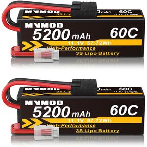11.1V 3S LiPo Battery 2 Packs, 5200mAh 60C Lipo Battery Hard Case with Tr Plug, RC Battery for Rc Car Rc Truck Airplane Helicopter Boat Drone FPV Racing Models